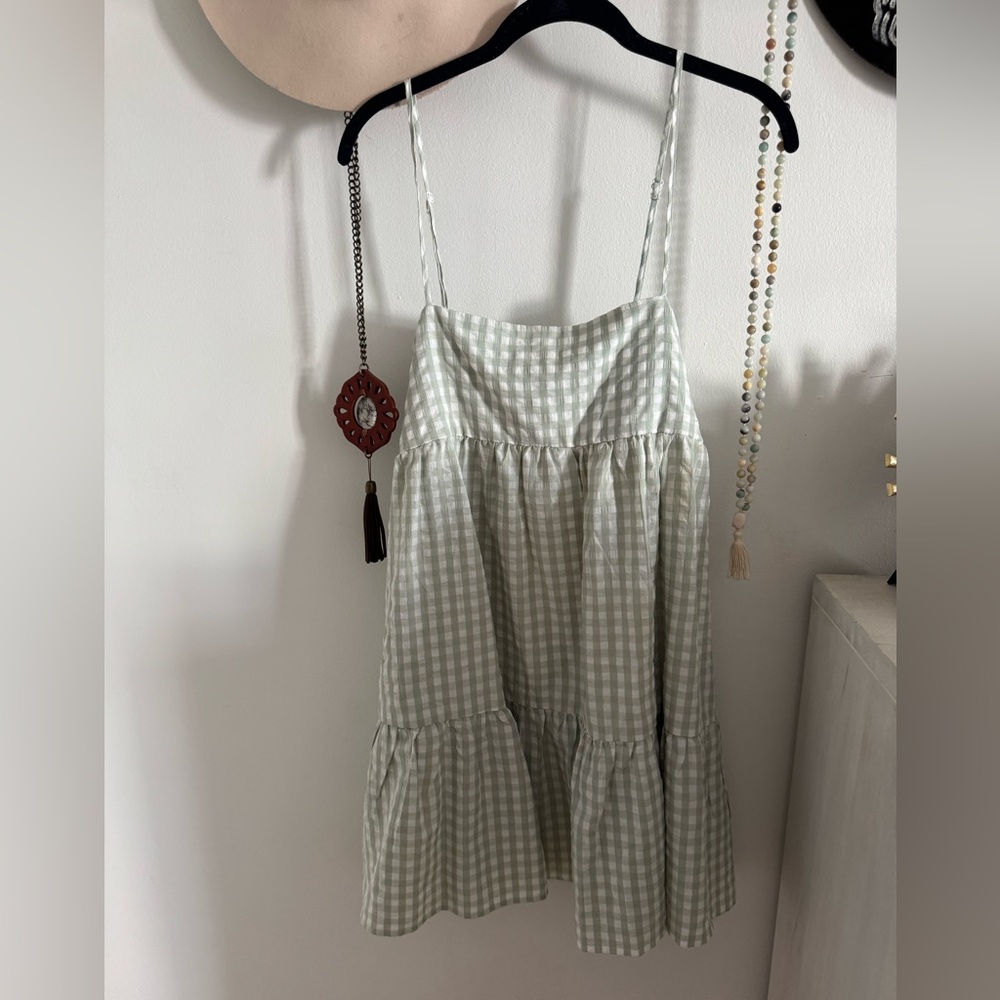 Gingham Tiered Spaghetti Strap Dress - Light Sage - Picture 6 of 8